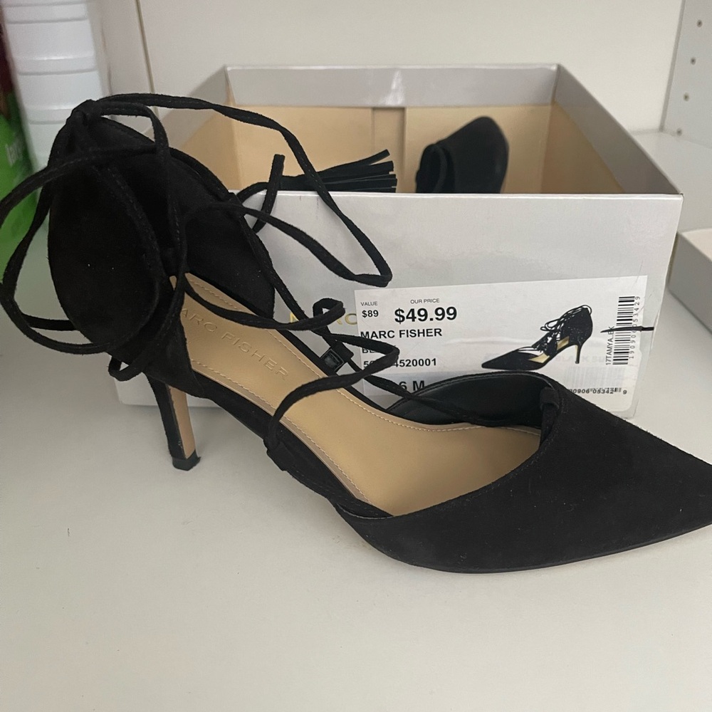 Marc Fisher Black Stiletto Heels with Strappy Design